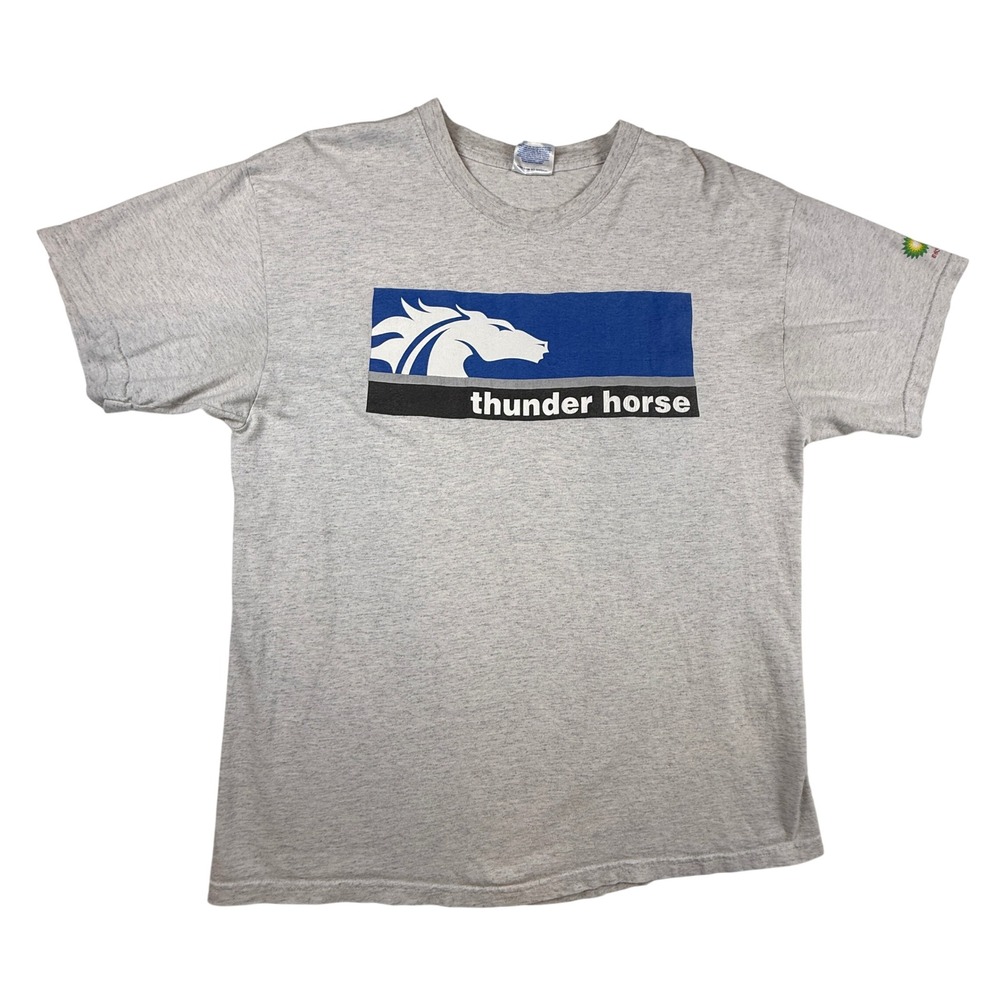 Hanes BP Thunder Horse Graphic T-Shirt Large Gray Short Sleeve Y2K Skater Tee